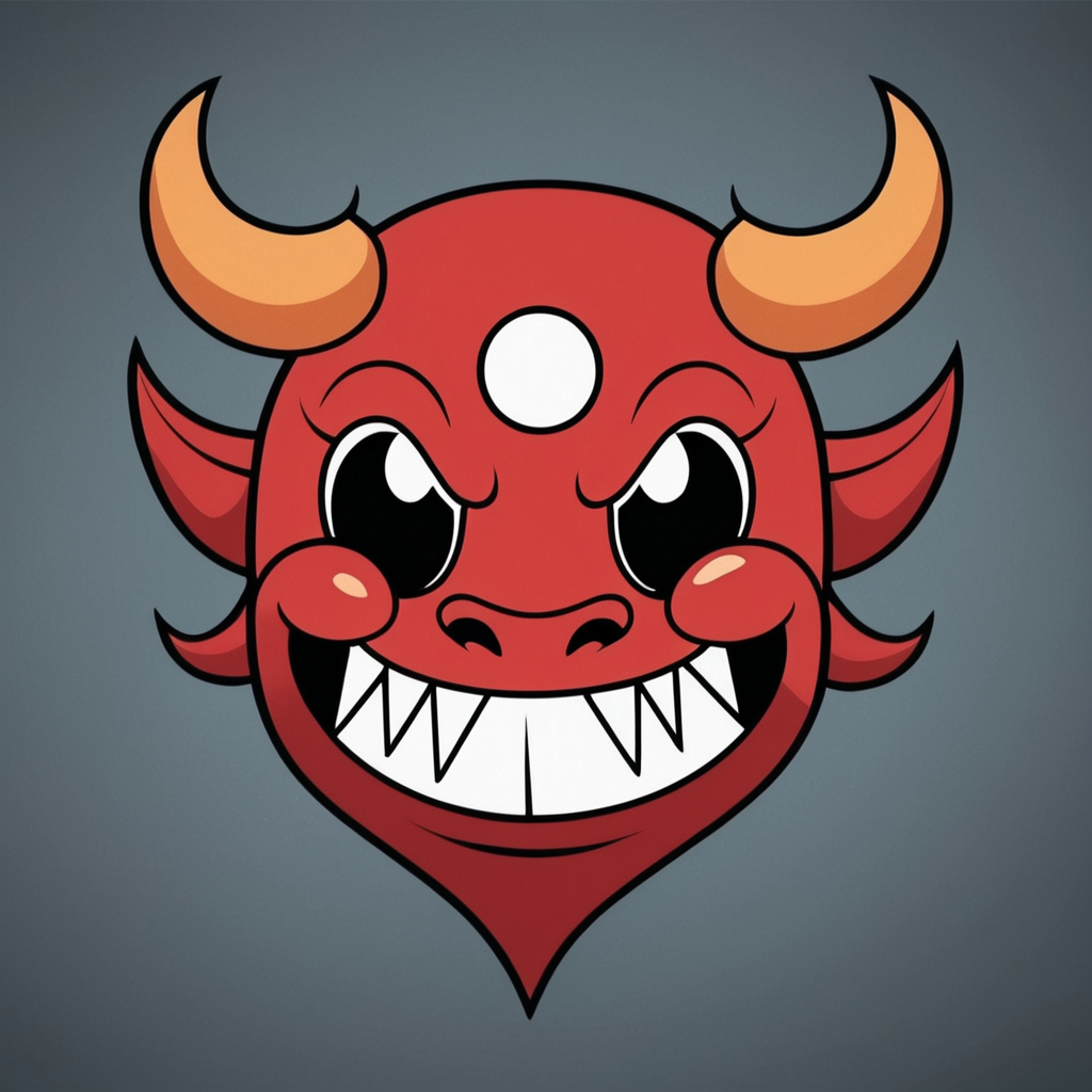 simple flat icon of a Devil depicted as a flat tricolor banding shaded Grinning Cyborg tattoo in Kawaii Ink artstyle_CFG12_00003_.png